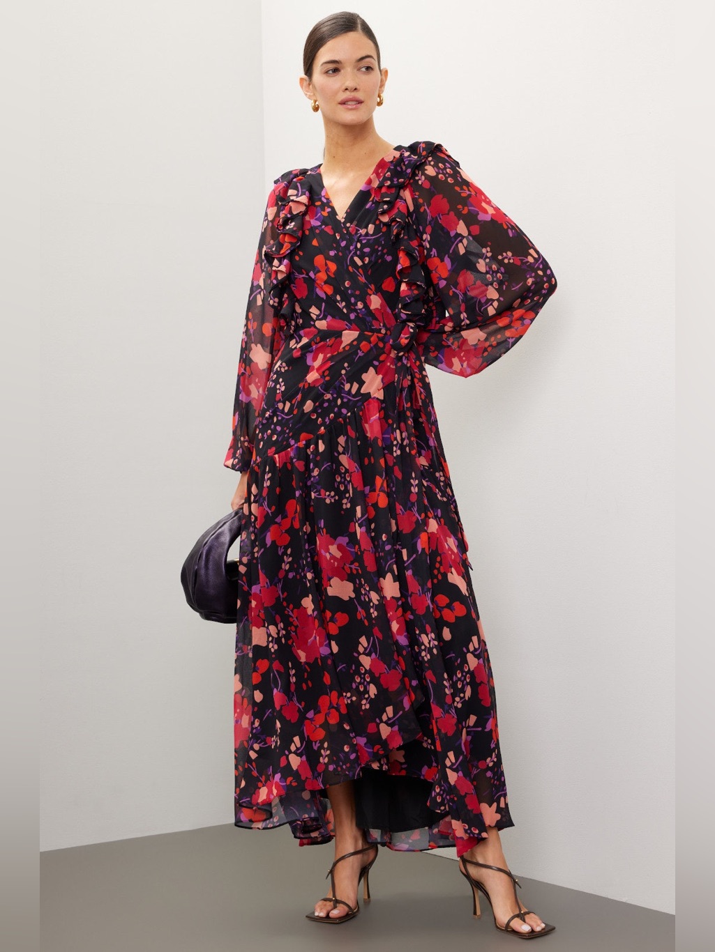 Slate & Willow Black Floral High-Low Wrap Dress With Red And Pink Accents